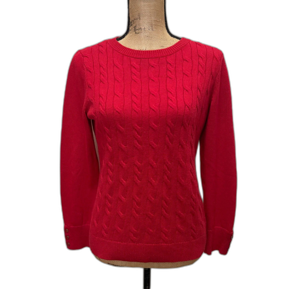 Talbots Crewneck Cable Knit Sweater Red Classic Heritage Lambswool Blend Size MP
